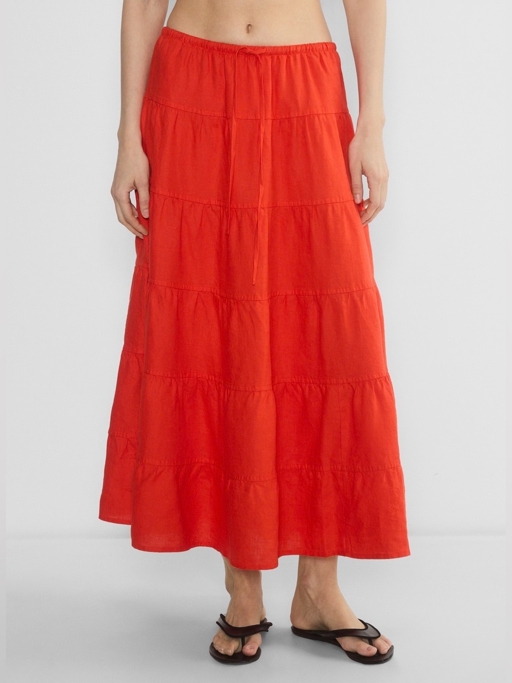 Wilfred Bouquet Linen Skirt Tiered Maxi Elastic Waist Maraschino Red Aritzia